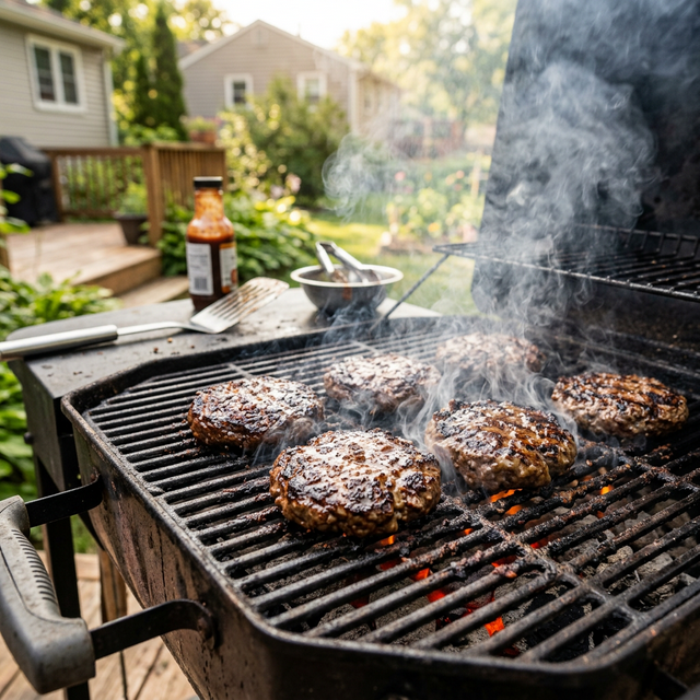 Burgers grilling on a perfect summer weekend